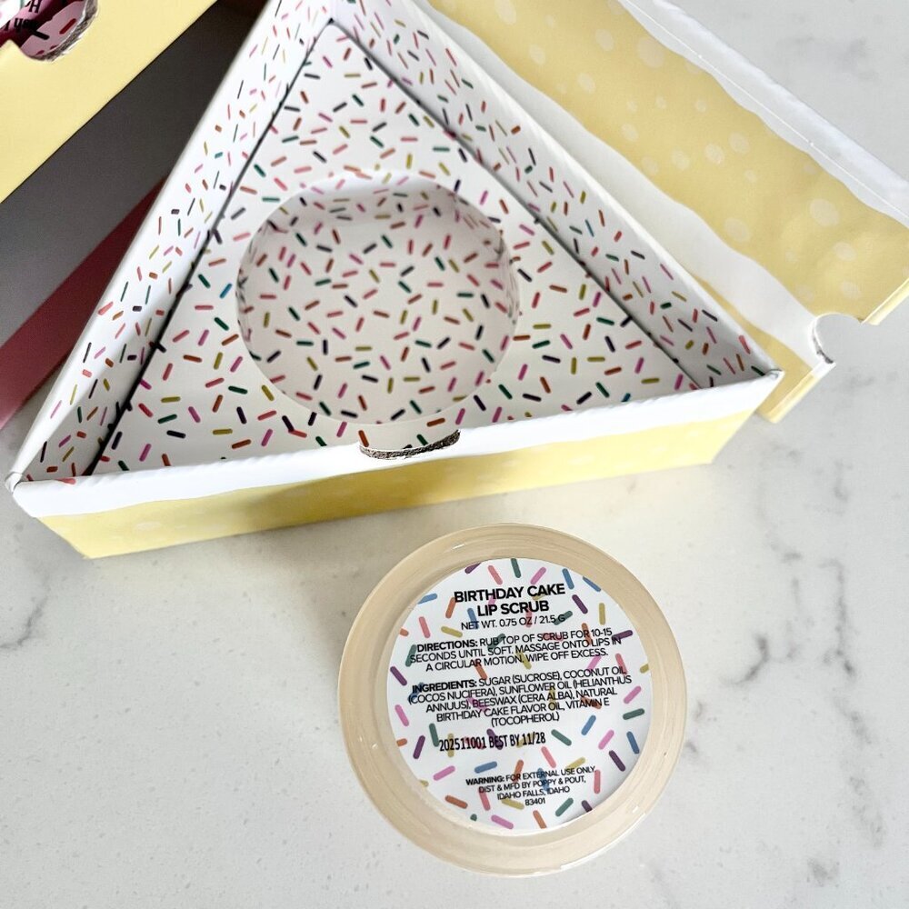Poppy & Pout Birthday Lip Care Two Piece Gift Set NIB Confetti Cake Balm & Scrub - Picture 5 of 6
